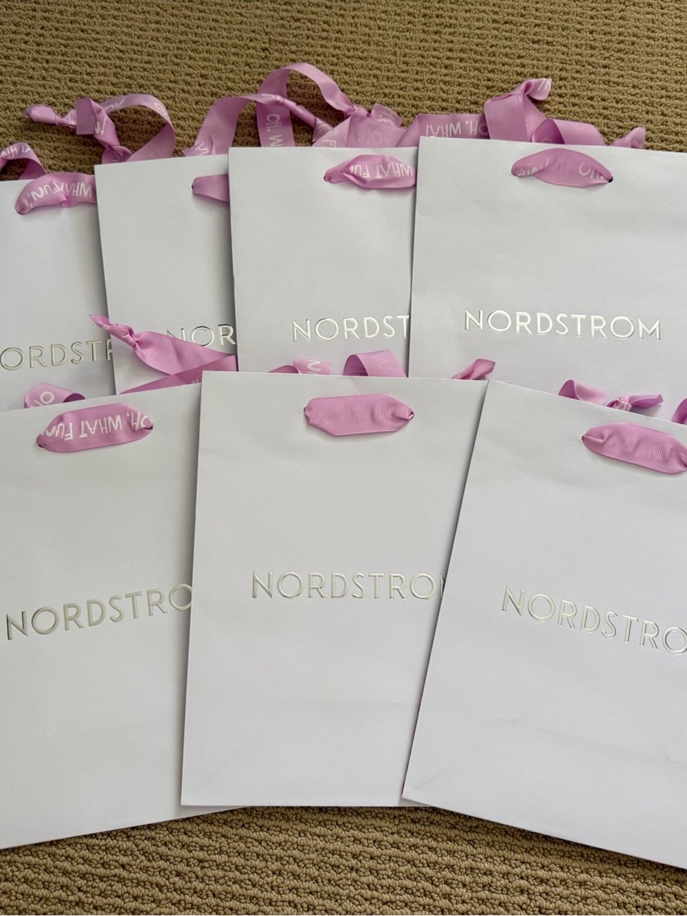 Nordstrom White Tote Shooping Bags with Pink Ribbon Handles Bundle of 7 bags
